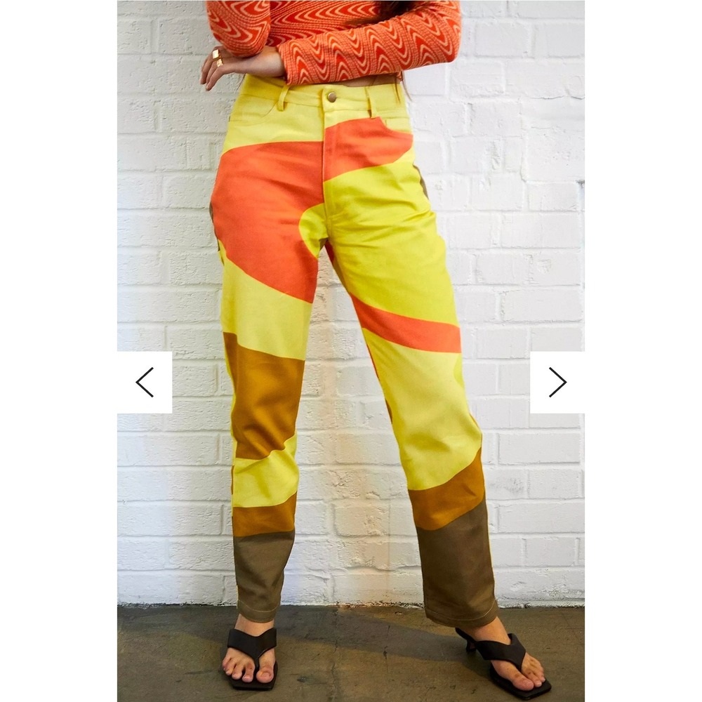 Hosbjerg Donja Rina Pants Yellow Orange Wavy Print High Waist XS Cotton NWT